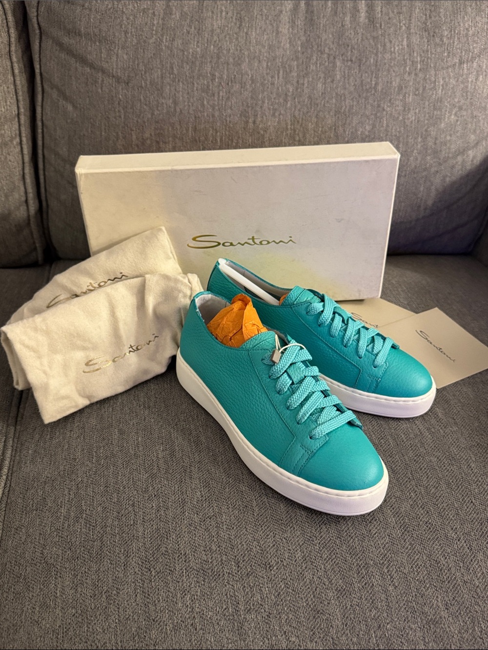 Santoni Men's Teal Leather Low-Top Sneakers with White Sole